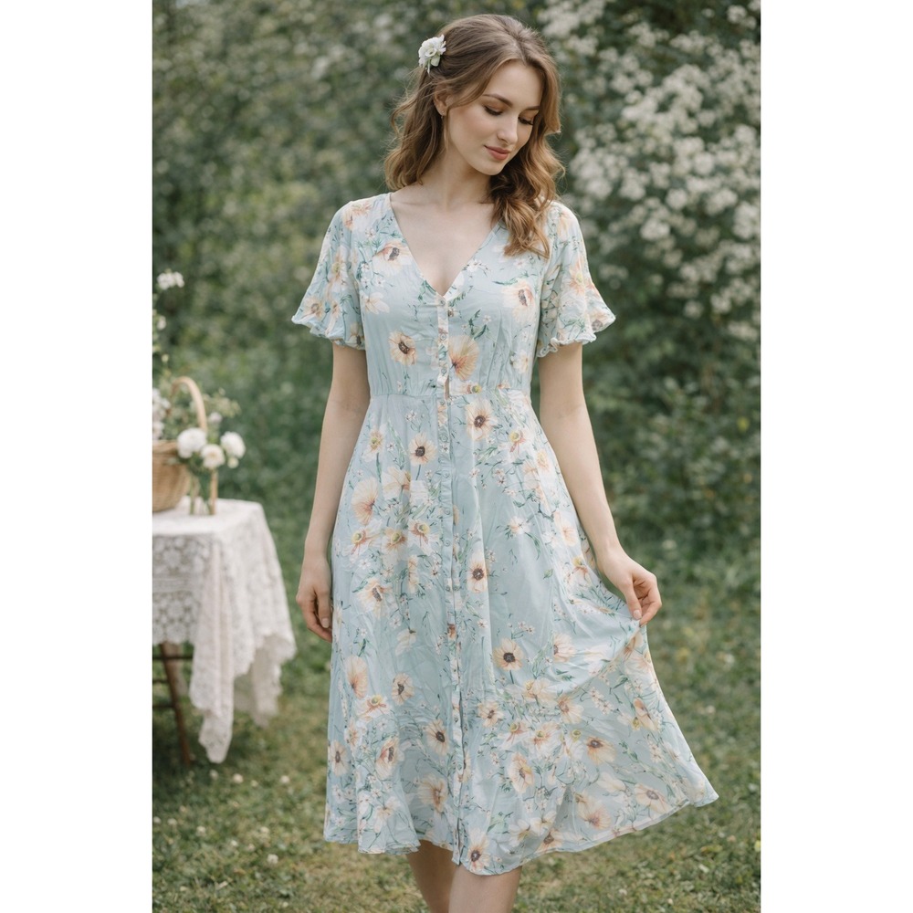 Whimsical Floral Garden Fairy Midi Dress‎ Bohemian Soft Feminine 8 Flowy Party
